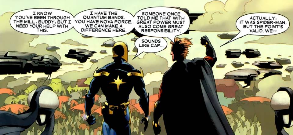 Nova Corps members talk about Spider-Man's mantra in Annihilation: Nova #3